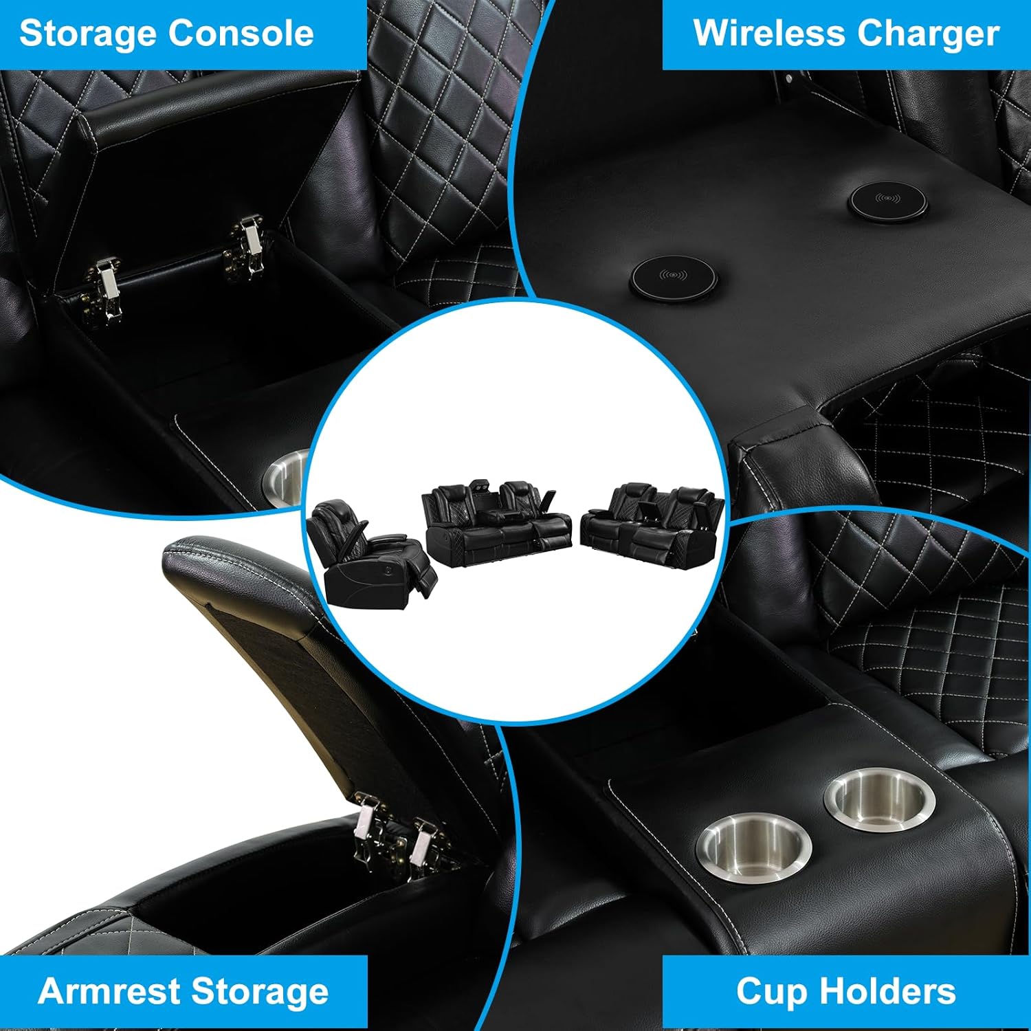 Power Reclining Leather Sofa Set – 3-Piece Home Theater Seating with LED Lights, Wireless Charging, USB Ports, Storage Console & Cup Holders, Black