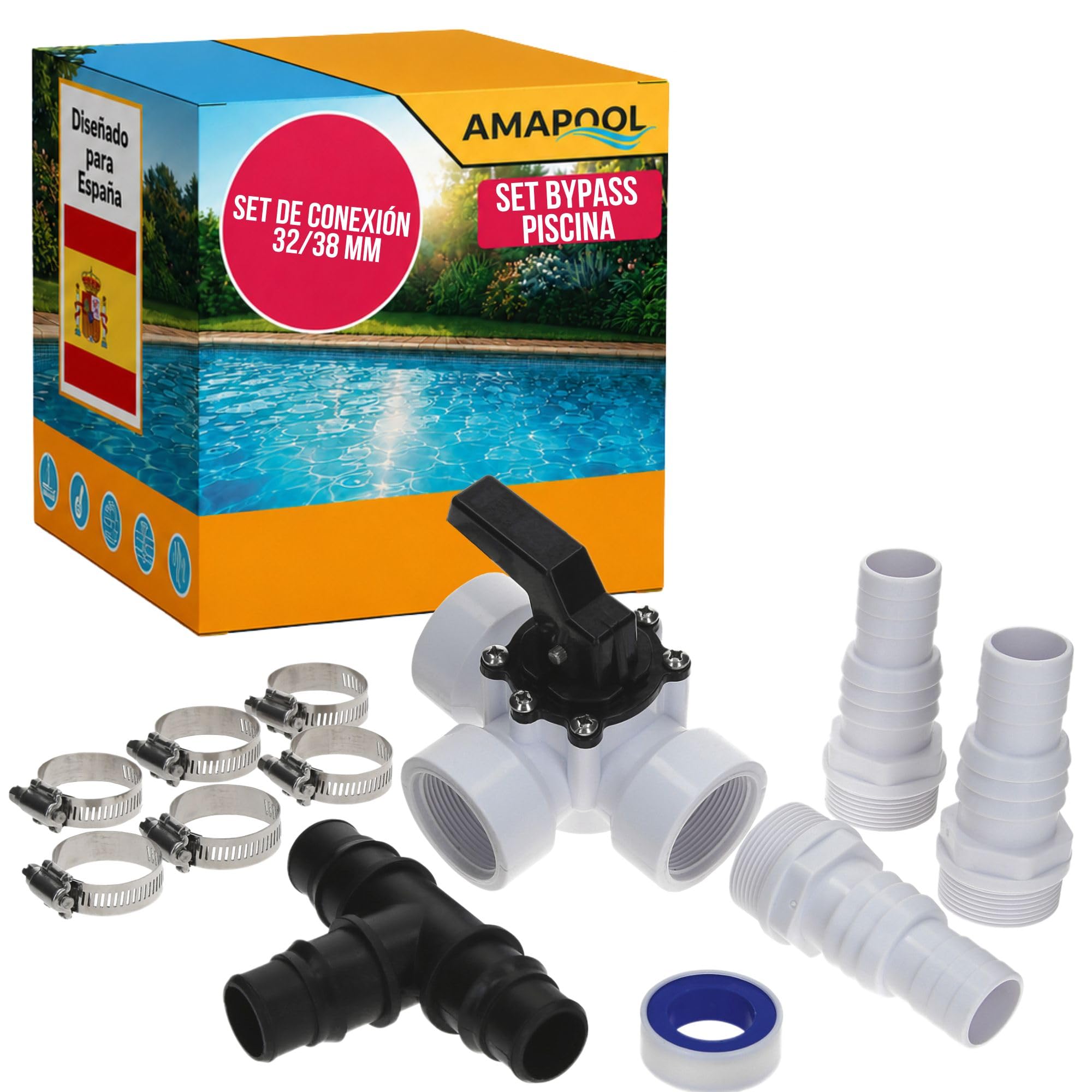 Amapool Kit de Bypass Piscina 12 piezas I Juego para calefacción de piscina y sistema de filtro de arena I Válvula de 3 vías piscina I Juego de conexión piscina