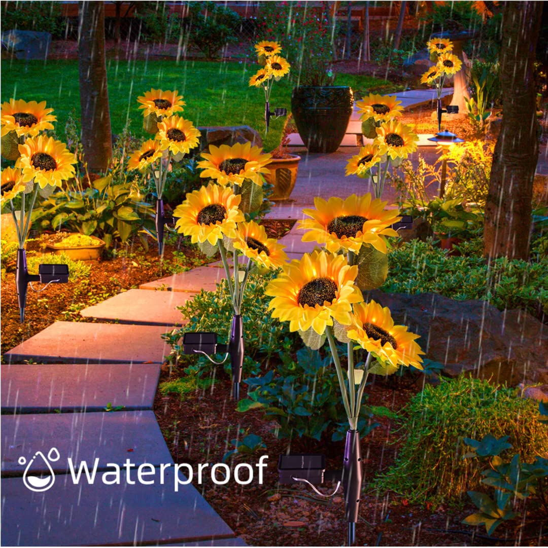 Luci solari per esterni, luci a LED a forma di girasole, IP67, impermeabili, per giardino, cortile, patio, passerella, set da 4 pezzi con 8-10 ore di illuminazione