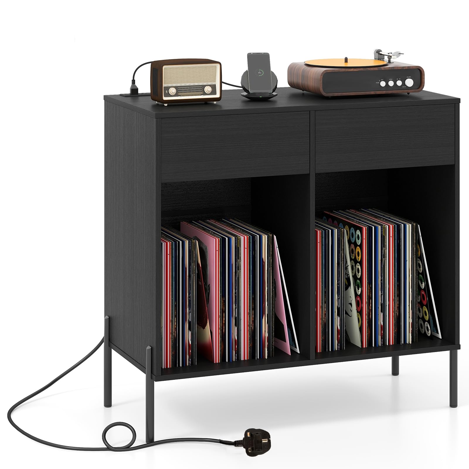 COSTWAY Record Player Stand with Charging Station, Turntable Stand End Side Table with 2 Drawers and 6 Dividers, Metal Legs Albums Vinyl Record Storage Cabinet Holder for Living Room Bedroom (Black)