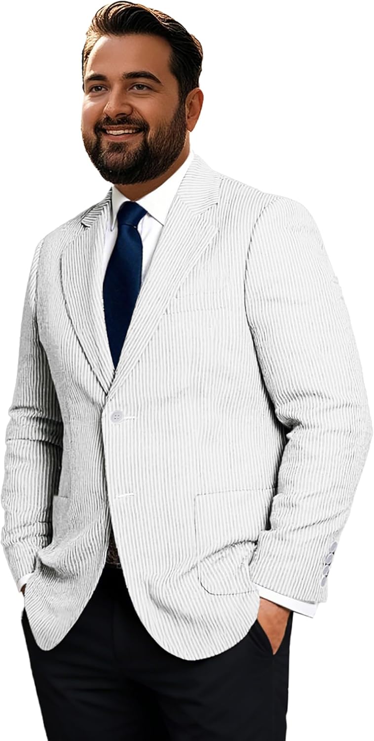 Men’s Big & Tall Striped Seersucker Blazer Casual Lightweight Suit Jacket Summer Beach Wedding Daily Wear