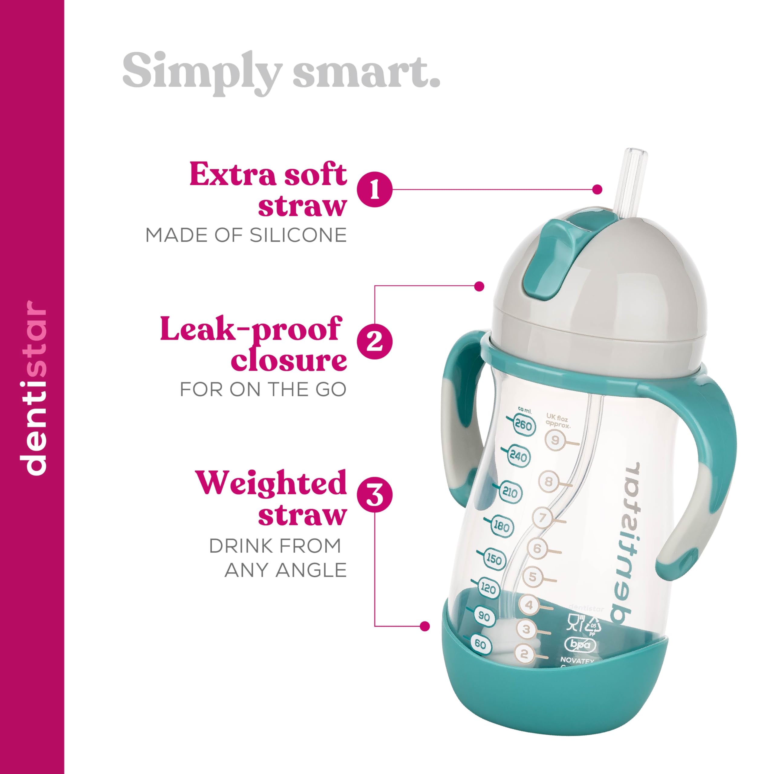 Dentistar Gourde bébé 260 ml avec paille sans BPA – Bouteille hermétique poignée antidérapante Menthe