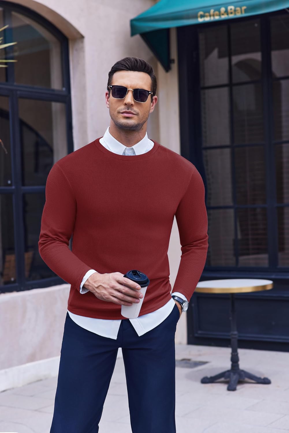 Ekouaer Men's Long Sleeve Shirts Honeycomb Waffle Pullover Sweater Crewneck Thermal Tops Lightweight Undershirts Wine Red XL