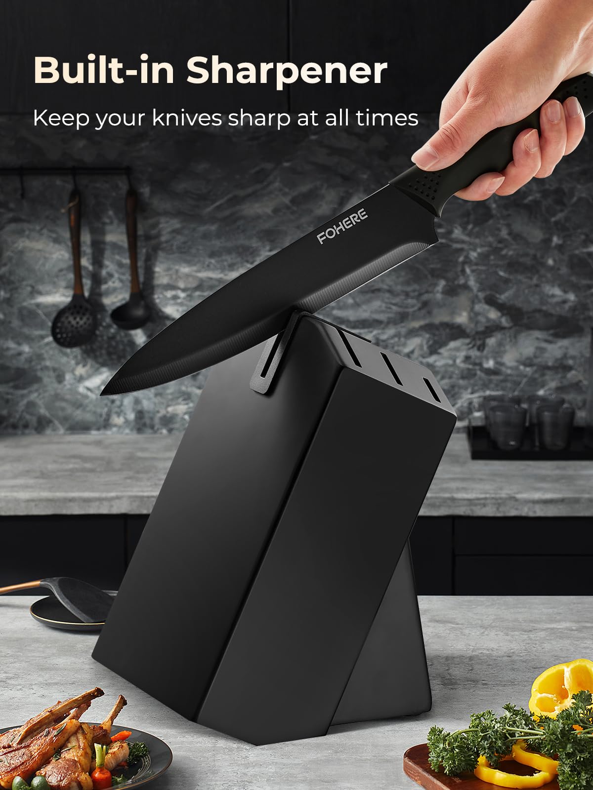 Juego de Cuchillos de Cocina con Bloque FOHERE 8 Piezas Bloque de Cuchillos con Afilador Integrado Acero Inoxidable Cuchillos Cocina Profesional, Negro