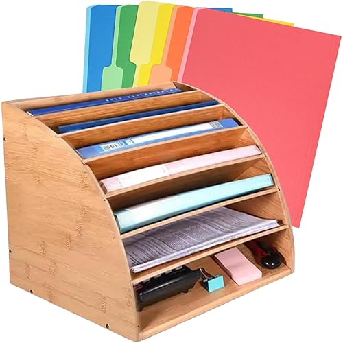 7 Tier Bamboo Desk File Organizer Tray, 6 Slots Office Paper Sorter, Large Document Storage Rack, DIY Compartments Mail Letter Magazine Folder Holder, 6 File Folders