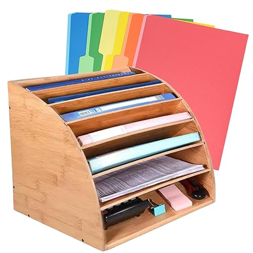 Bandeja organizadora de archivos de escritorio de bambú de 7 niveles, clasificador de papel de oficina de 6 ranuras, estante grande de