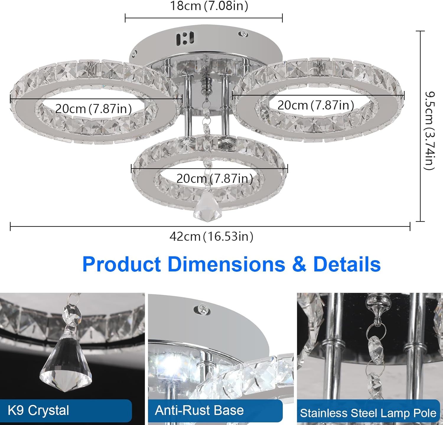 Deckrico Modern Crystal Chandelier Flush Mount Stainless Steel Pendant Ceiling Lamp 3-Rings Round LED Light Fixtures for Living Room Bedroom Restaurant Porch Dining Room (Cool White)