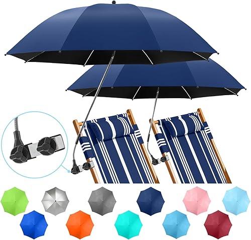 Miniatura 7 de Paquete de 2 paraguas de playa con abrazadera, paraguas ajustable de 360° para silla, paraguas UPF50+ para silla de playa, silla de patio, silla de