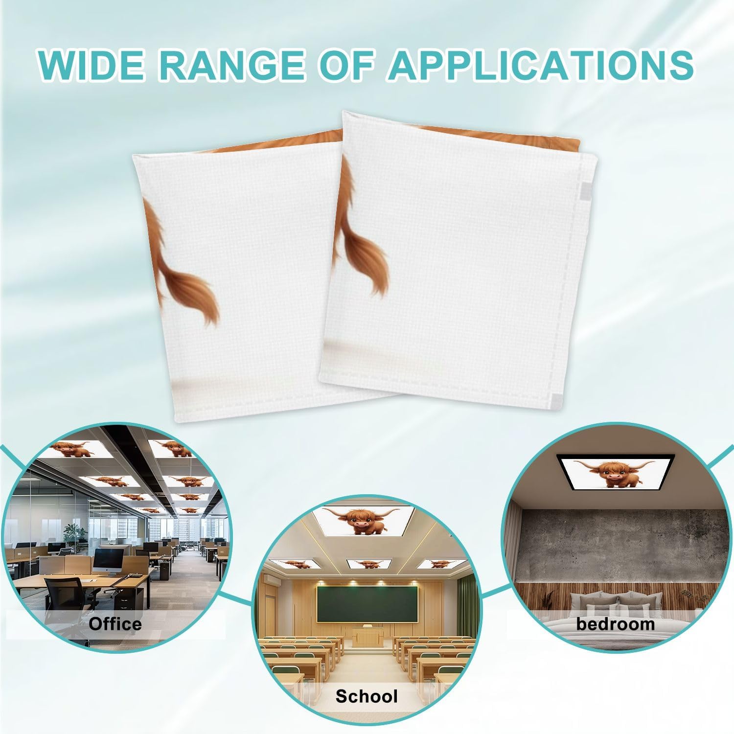 4 Pcs Fluorescent Light Covers for Ceiling Lights Highland Cow Soft Fur Curly Hair Large Eyes Short Horns Cartoonish Decorative Magnets Light Filters for Office Home Classroom Must Haves 4’ x 2’