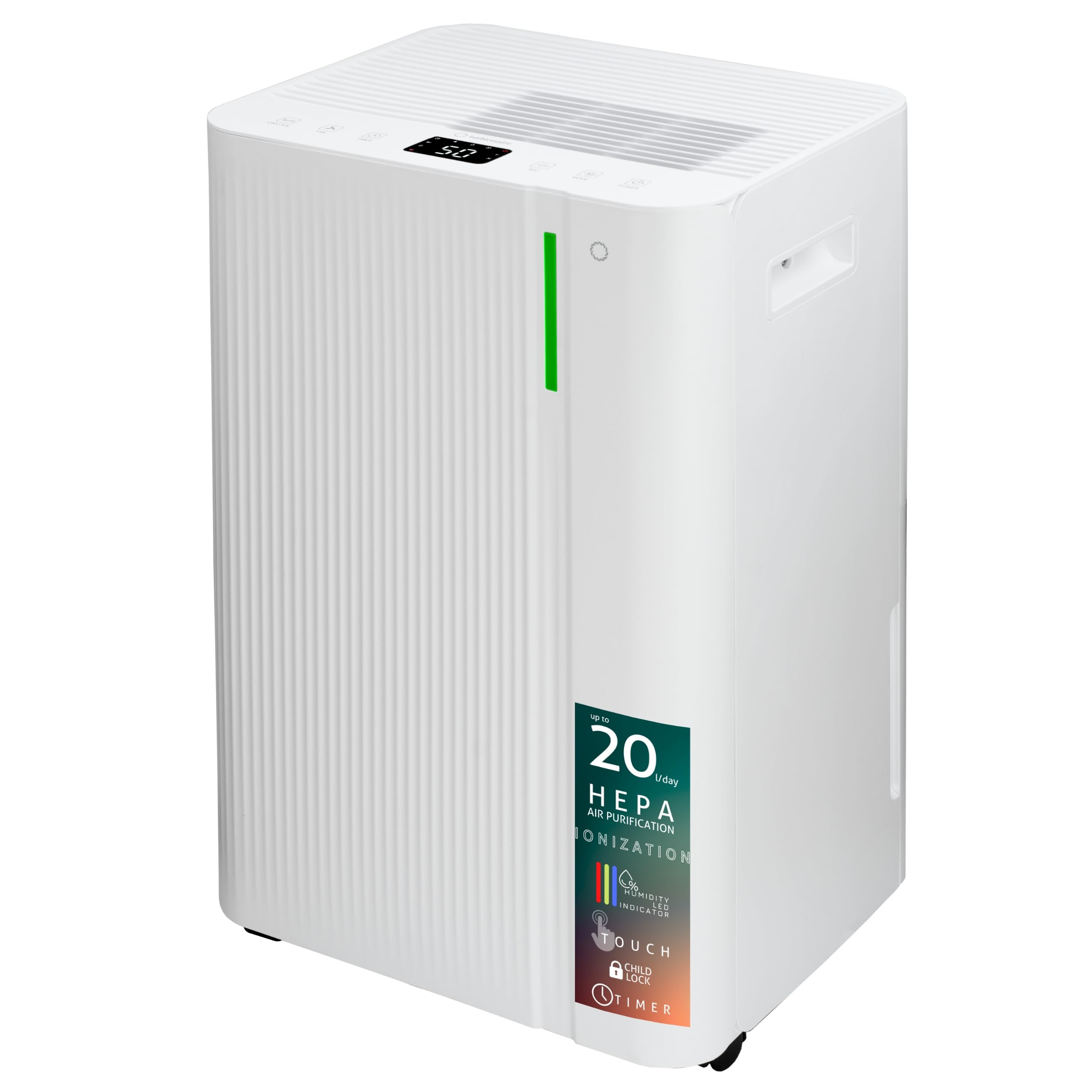 Deshumidificador y Purificador Turbionaire LEVI 20 ION Clean, 20 l/24h, Ionización, Filtro HEPA, Secado de Ropa, Silencioso 41 dB, Depósito 4.5L, Bajo Consumo, Timer, Auto-Restart