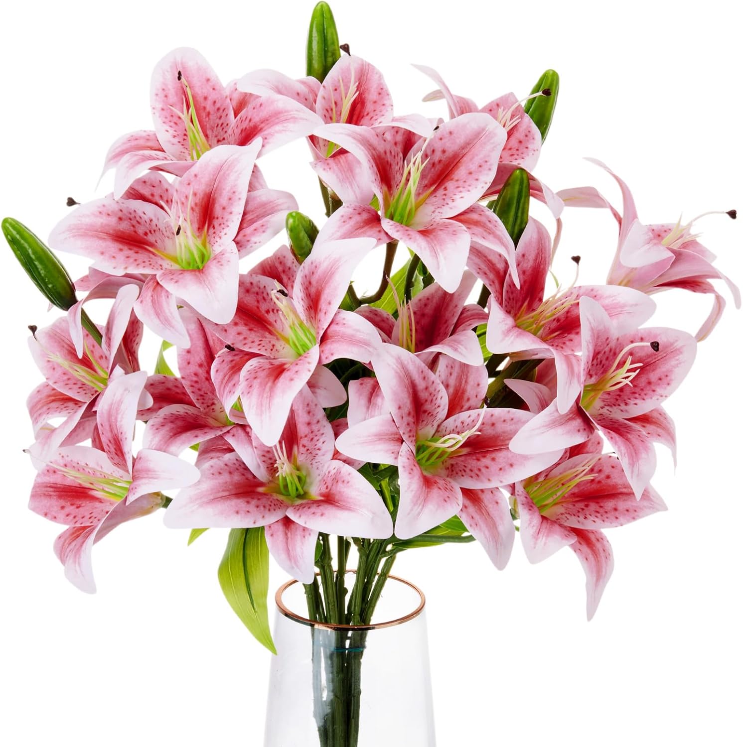 Thiccywoov 2 Pcs 24 Heads Artificial Tiger Lily Flowers with 18 Heads Full Bloom Lily & 6 Buds, 20.5 Inch Long Stem Faux Fake Flowers Bouquets for Wedding Party Decor(Pink)