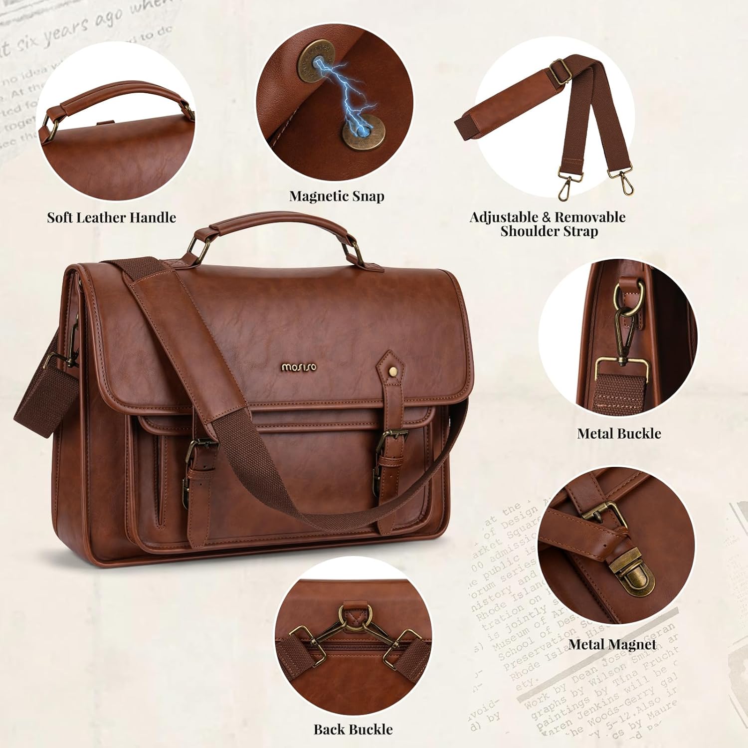 MOSISO 3 in 1 Laptop Bag, 15.6 inch PU Leather Shoulder Bag Briefcase Messenger Satchel Laptop Backpack, 15-16 inch Computer Bags Handbag Bookbag, Brown - Image 5