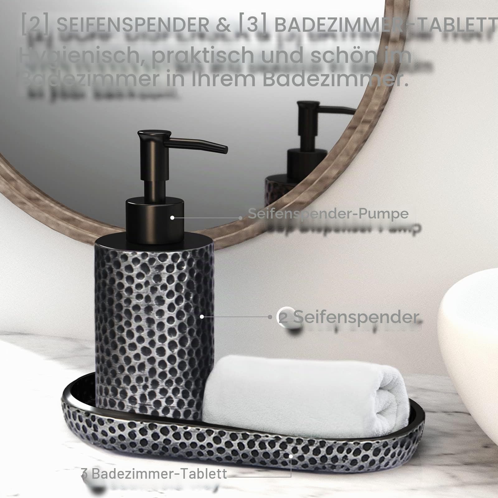 Badezimmer Zubehör Set, LKKL 7-teilig Bad Set mit Mülleimer Seifenspender Seifenschale Zahnputzbecher Zahnbürstenhalter Qtip Halter Badezimmer Tablett Modern Bad Accessoires Komplettset, Silber