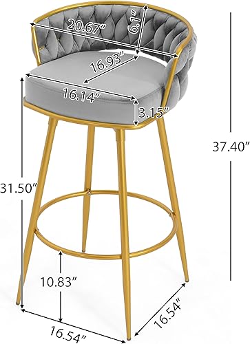 Miniatura 2 de Juego de 2 taburetes de bar giratorios de altura de mostrador, taburetes de barra gris con respaldo tejido y patas de metal dorado, modernas sillas