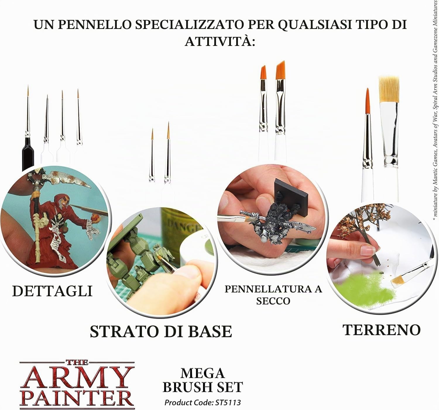 The Army Painter | Mega Brush Set | 10 pennelli in setole sintetiche e zibellino | Pennello Kolinsky Gratis | Accessori per pittura di miniature