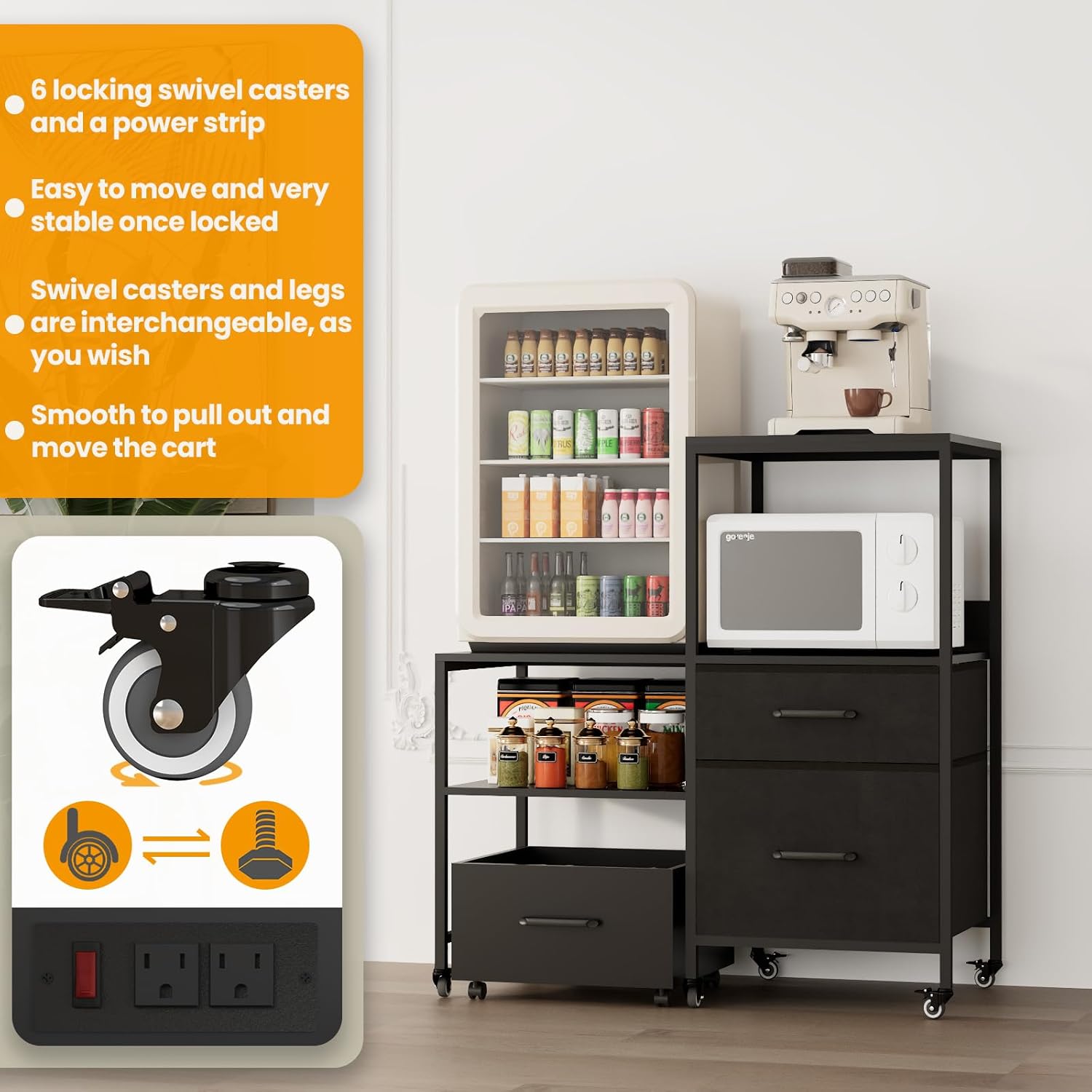 Mini Fridge Stand with Rolling Basket Cart, 300 lb Load Capacity Storage Rack with 3 Drawers and Lockable Wheels – Rustic Brown and Black Cabinet with Fabric Drawers, Ideal for Dorms, Apartments, Home