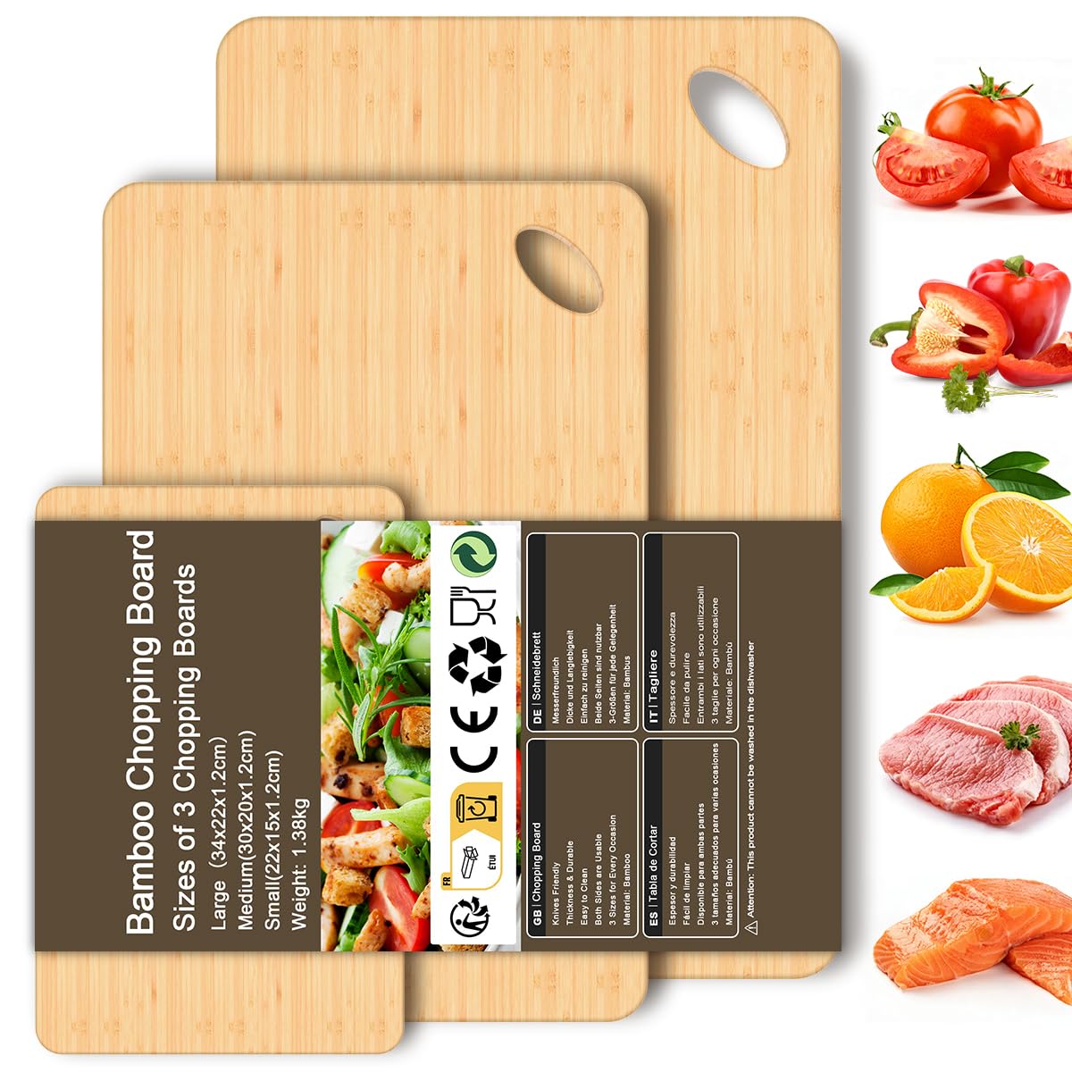 Viretang Tabla de cortar de bambú pequeña, tablas de cortar de madera para cocina, juego de 3 para carne, verduras y queso (3)