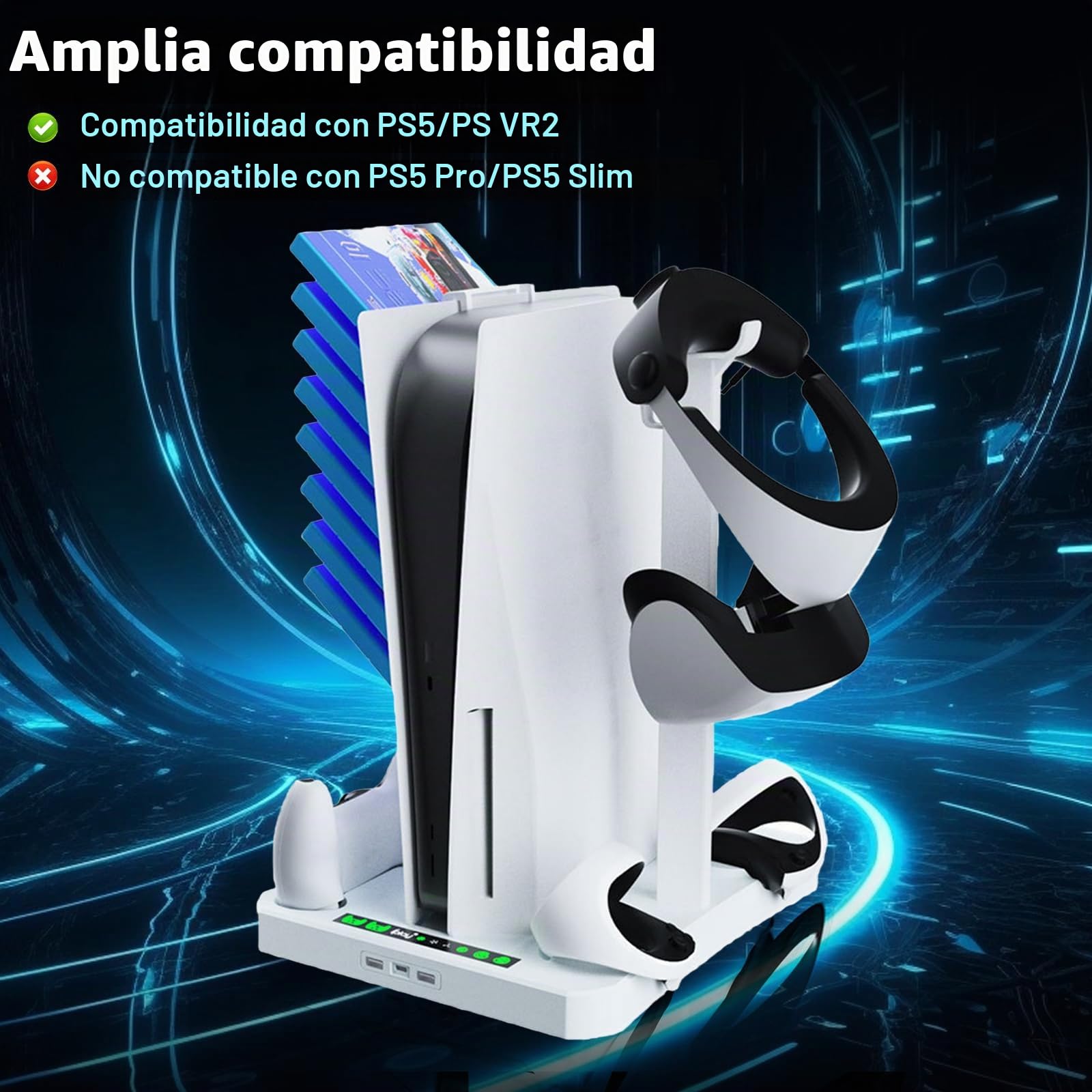 Soporte y estación de refrigeración para PS5 y PS VR2 con estación de carga de controlador, soporte 3 en 1 PS5 con 2 ventiladores de refrigeración para 5 y VR2, soporte para auriculares,