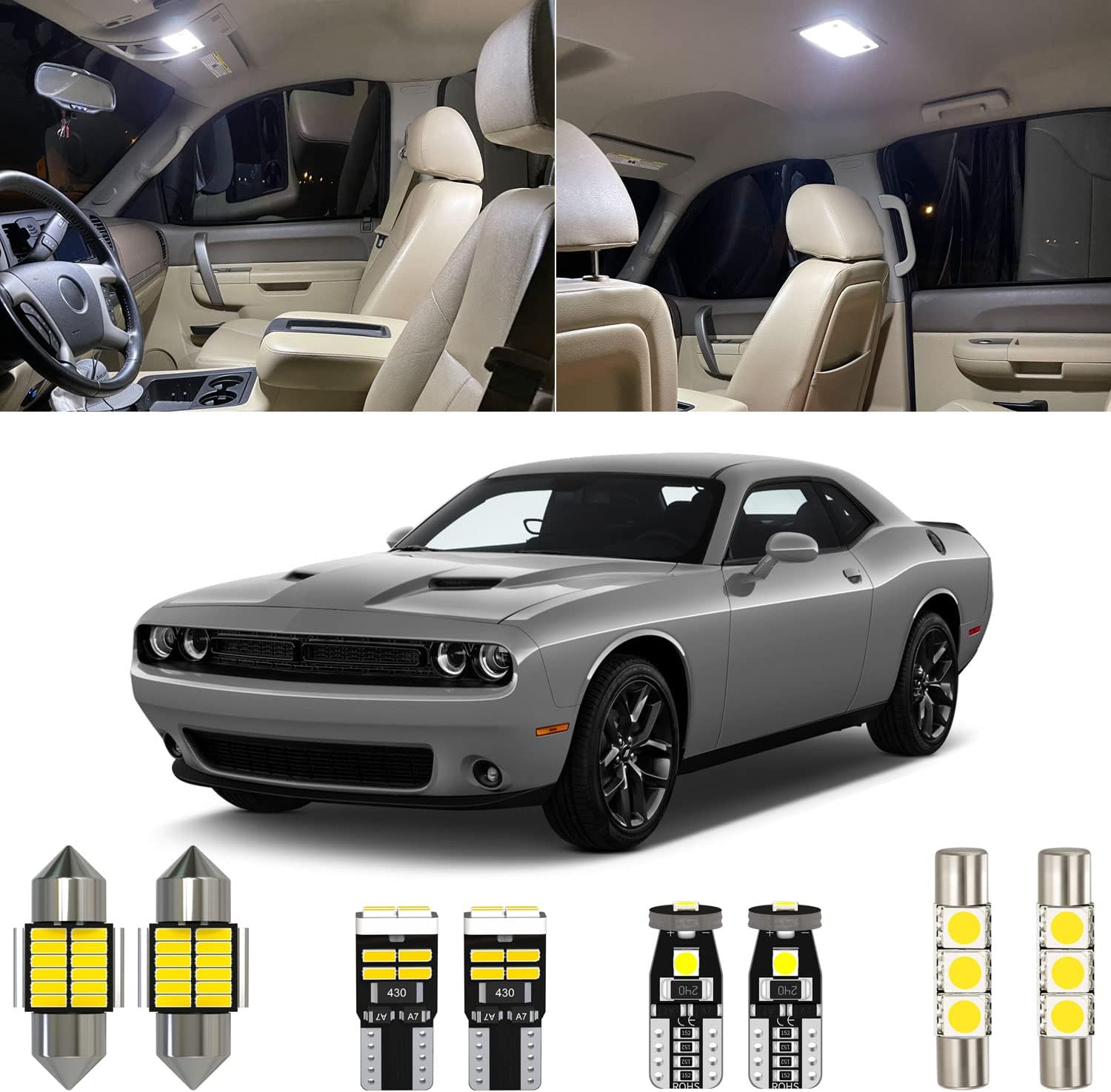 13 Piece White Challenger Interior LED Light Kit Replacement for Dodge Challenger 2008 2009 2010 2011 2012 2013 2014 2015 2016 2017 2018 2019 2020, with Placement Diagram and Install Tool