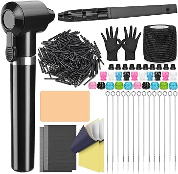 Ink Mixer Machine Hand Poke Tattoo Kit Pigment Mixer with 200pcs Mixing Sticks Tattoo Needles Practice Skin Complete Set for Beginner Artist