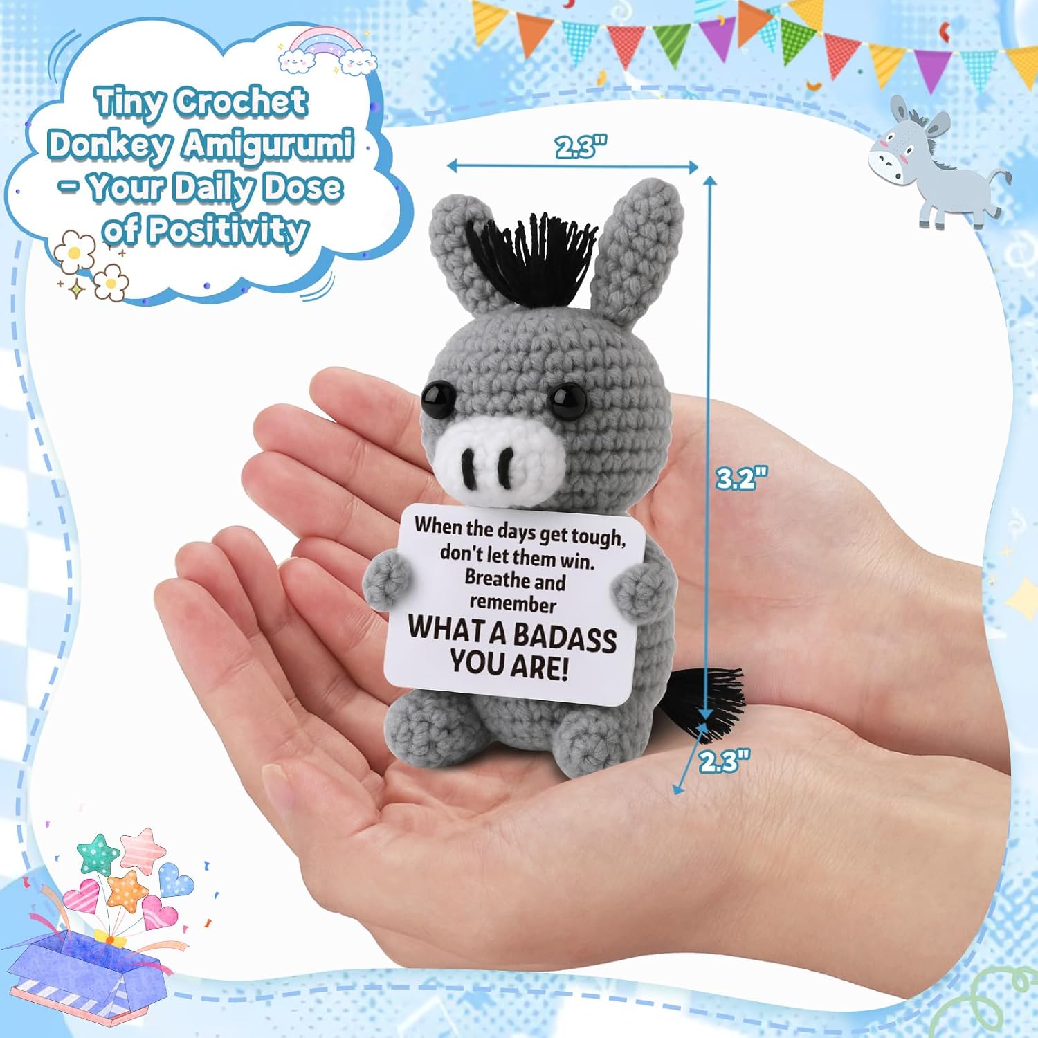 Funny Galentine's Positive Badass Donkey Crochet Animals, Motivational Gift for Women Men Coworkers, Best Friends - Emotional Uplifting Support Small Easter Holiday Basket Stuffer for Grandkids - Image 4