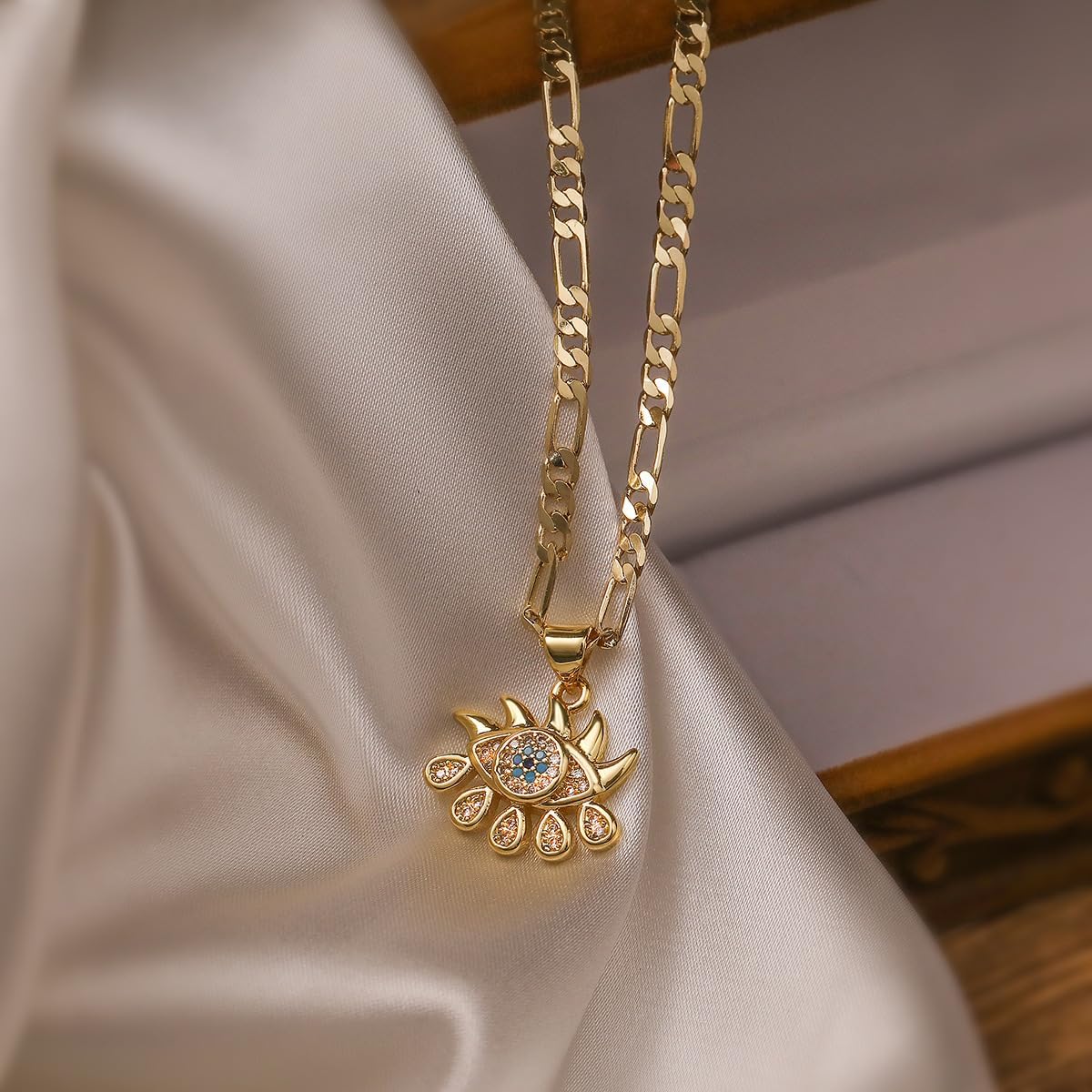 Evil Eye Gold Plated Necklace with Crystal Pendant, 18K Gold Plated Delicate Necklace For Women,Chain Link Design - Image 3