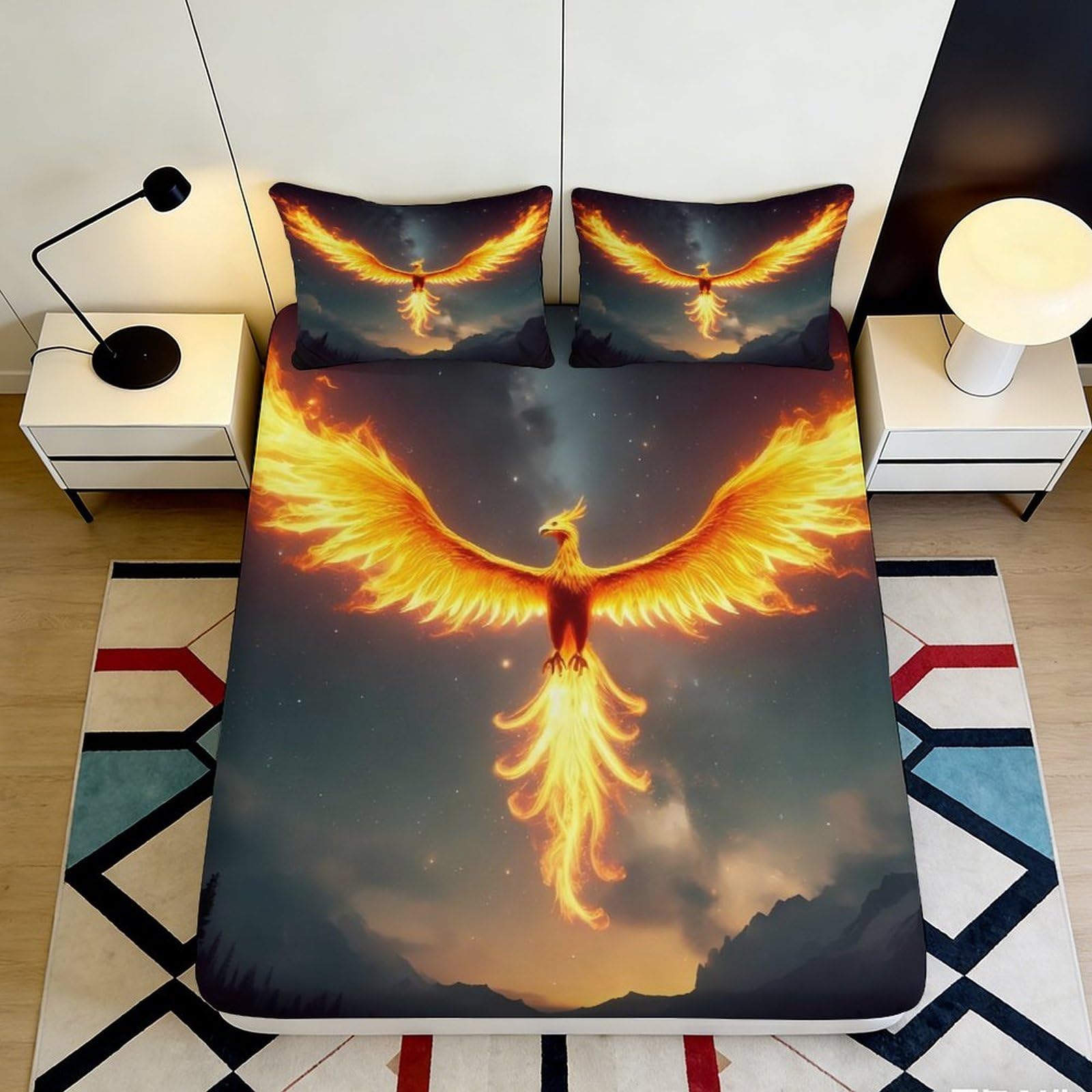 3D Printed Flaming Phoenix Fitted Sheet Microfiber Soft Bedroom Decor Fire Bird Mattress Cover for Home Dorm 90x200x25cm