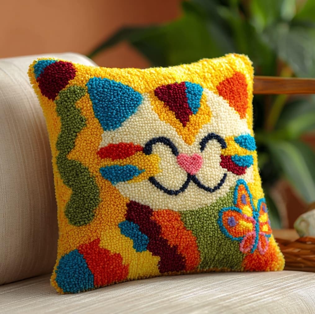 AxiangziK Latch Hook Cushion Kit 17x17in,Cats and Butterflies