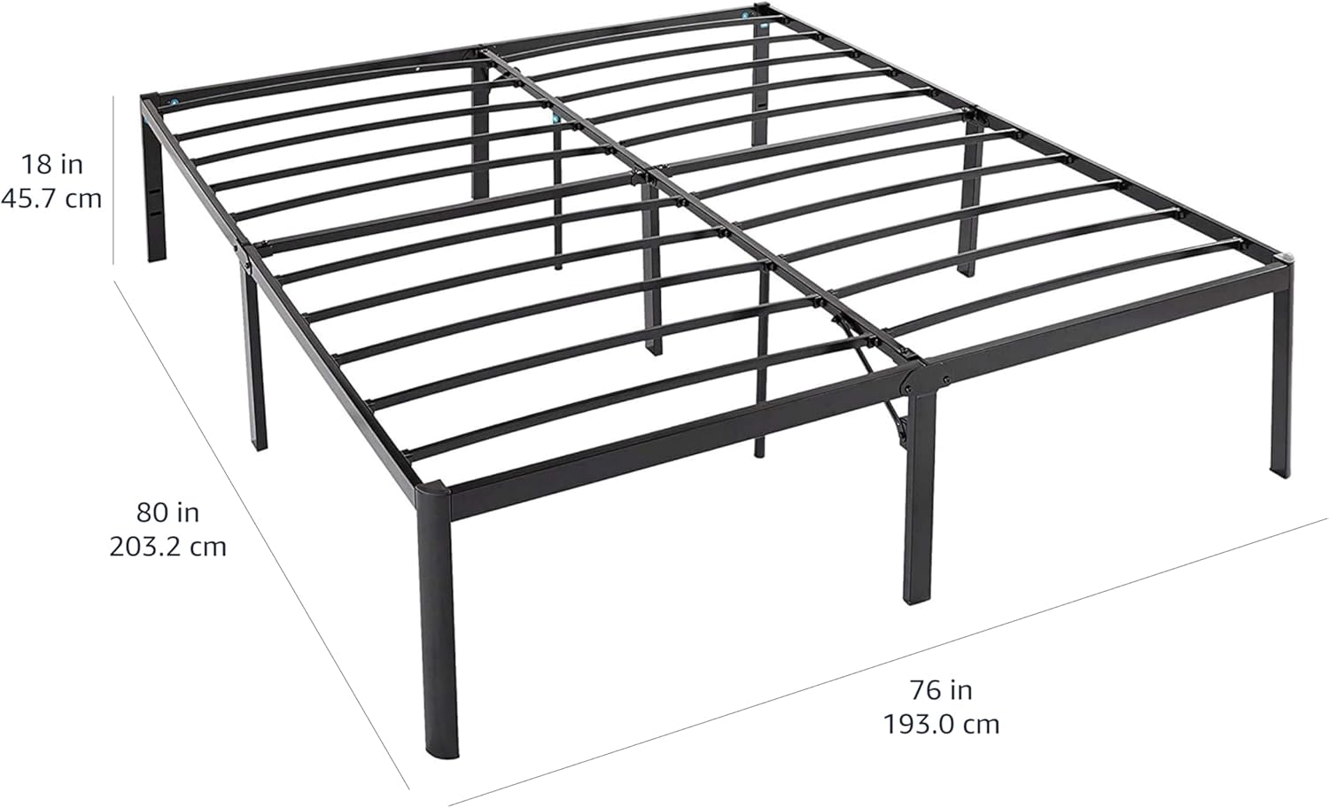 Amazon Basics Sturdy Heavy-Duty Non-Slip Platform Bed Frame King Size Storage, Steel Slat Support, Noise Free, Easy Assembly, 18 Inch Black King 18“H