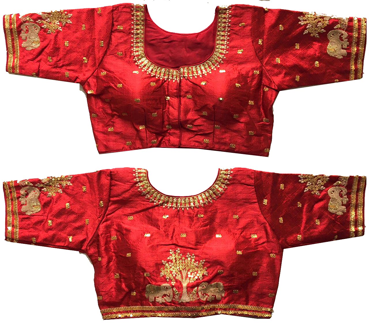 Pujia Mills Women's Multicolor Phantom Silk Heavy Elephant Gold Thread Embroidery Sequins Zari Work Half Sleeves Readymade Saree Blouse (38 Size +Margin)