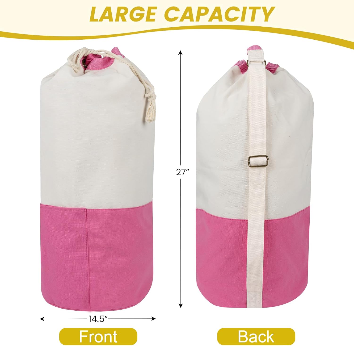 Single-shoulder backpack-style laundry bag with shoulder strap and pockets, made of durable canvas material, with drawstring closure design, suitable for college, travel, laundromats, and apartments. Pink