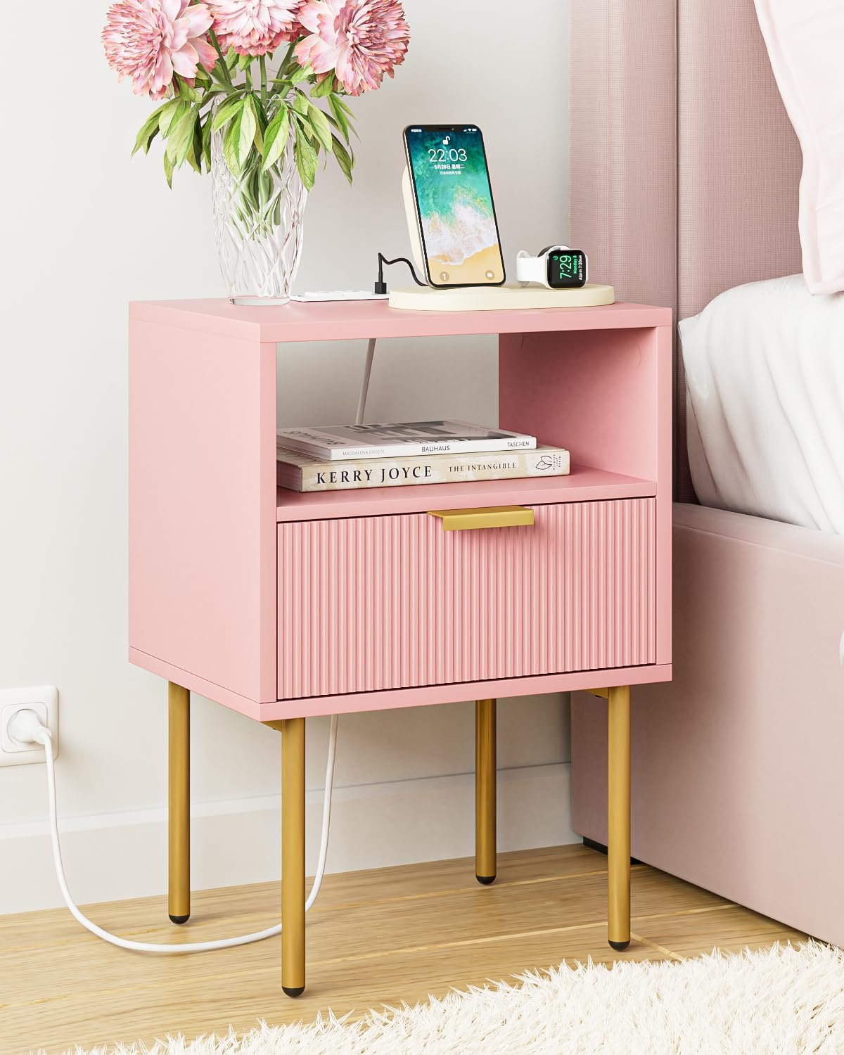 Nightstand,Morden Bedside Table with Gold Frame,Small Night Stand,End Table,Bedside Furniture,Side Table with Drawer and Shelf for Bedroom,Living Room (1Drawer-Stripe, Pink-Outlet)
