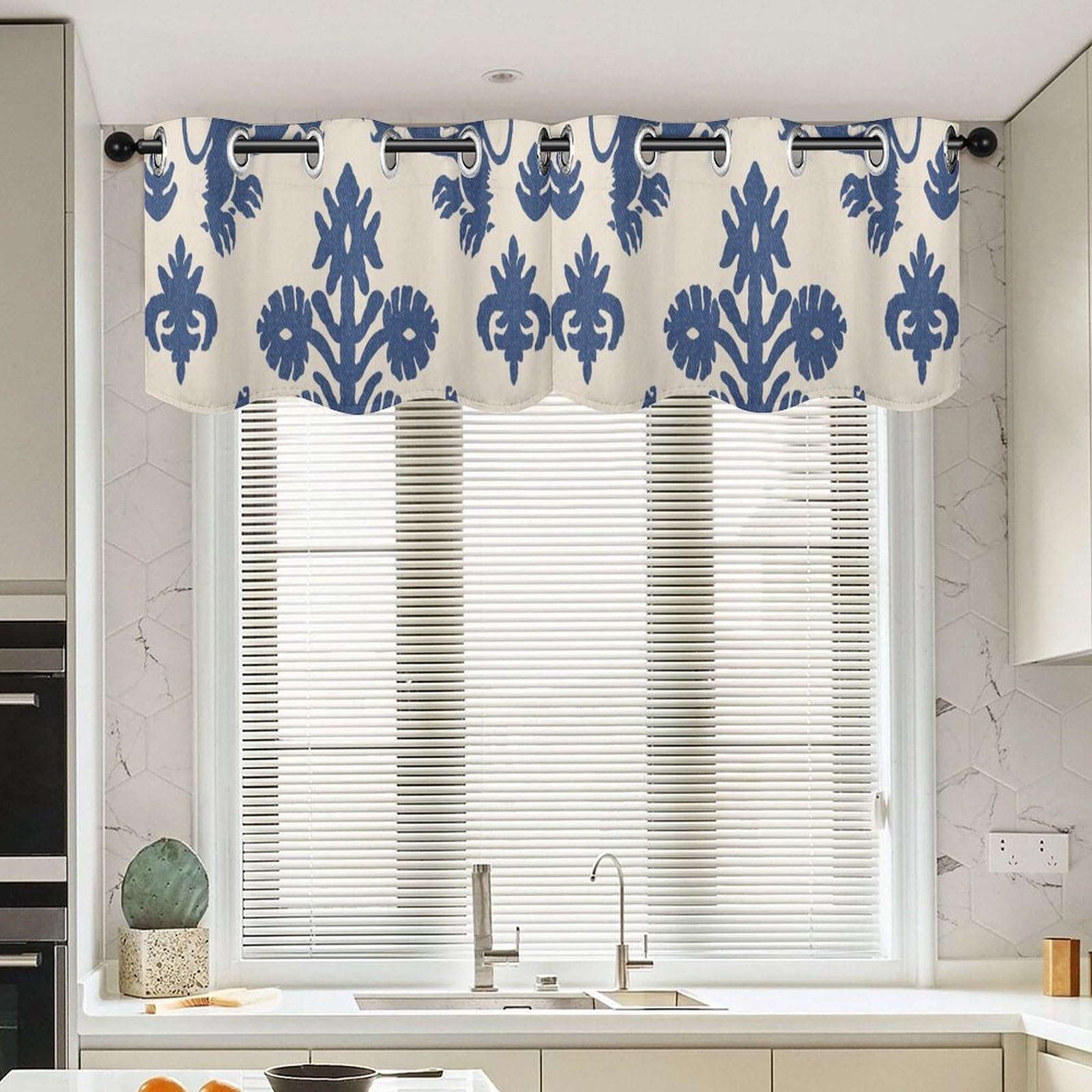 Cenefa de cortina azul decorativa para cocina, juego artístico estilo chino