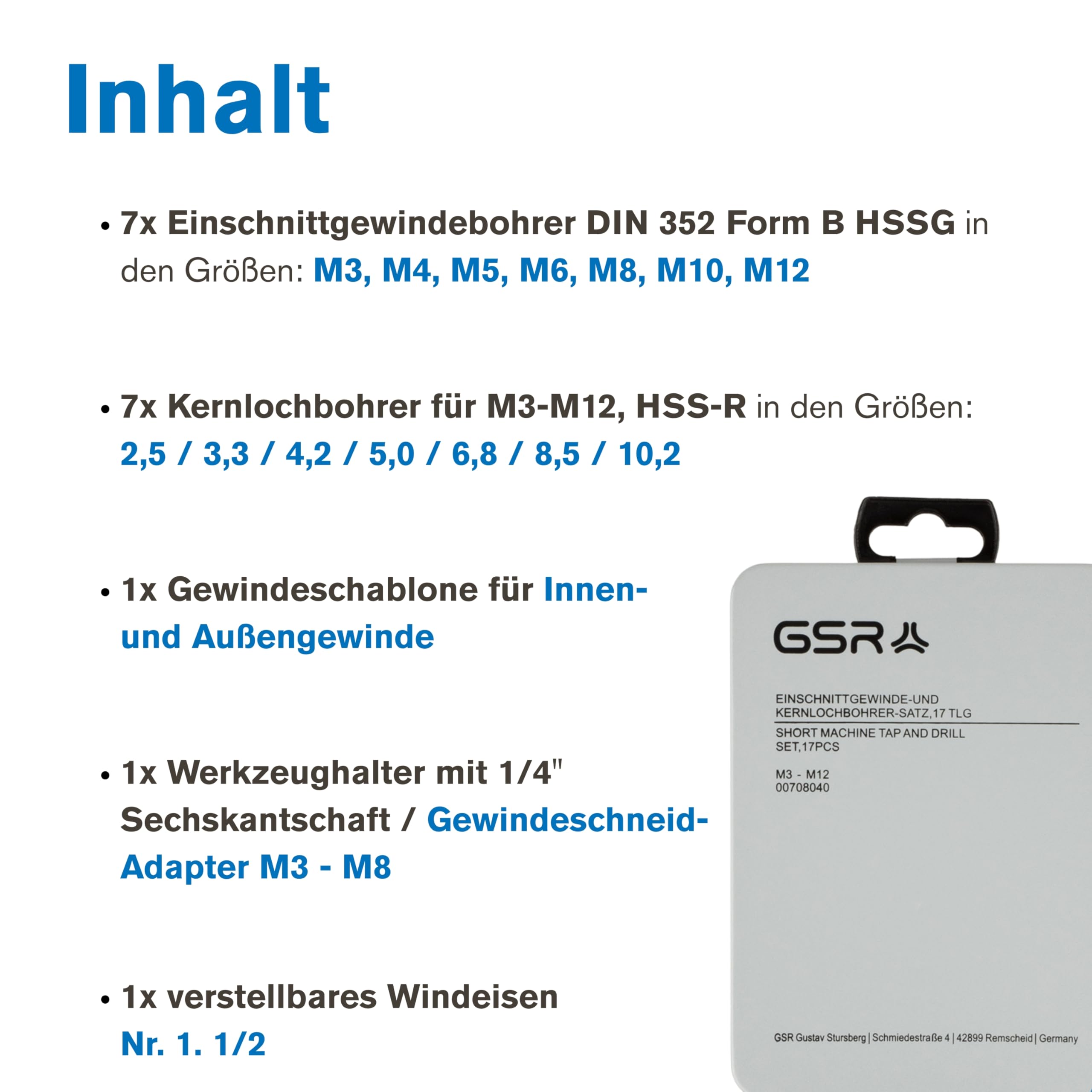 GSR PROFI Gewindeschneider Set 17-tlg. M3-M12 HSS-G | Einschnittgewindebohrer mit Kernlochbohrern, Windeisen, Gewindebohrer-Halter & Gewindeschablone | Gewindebohrer Set Metall