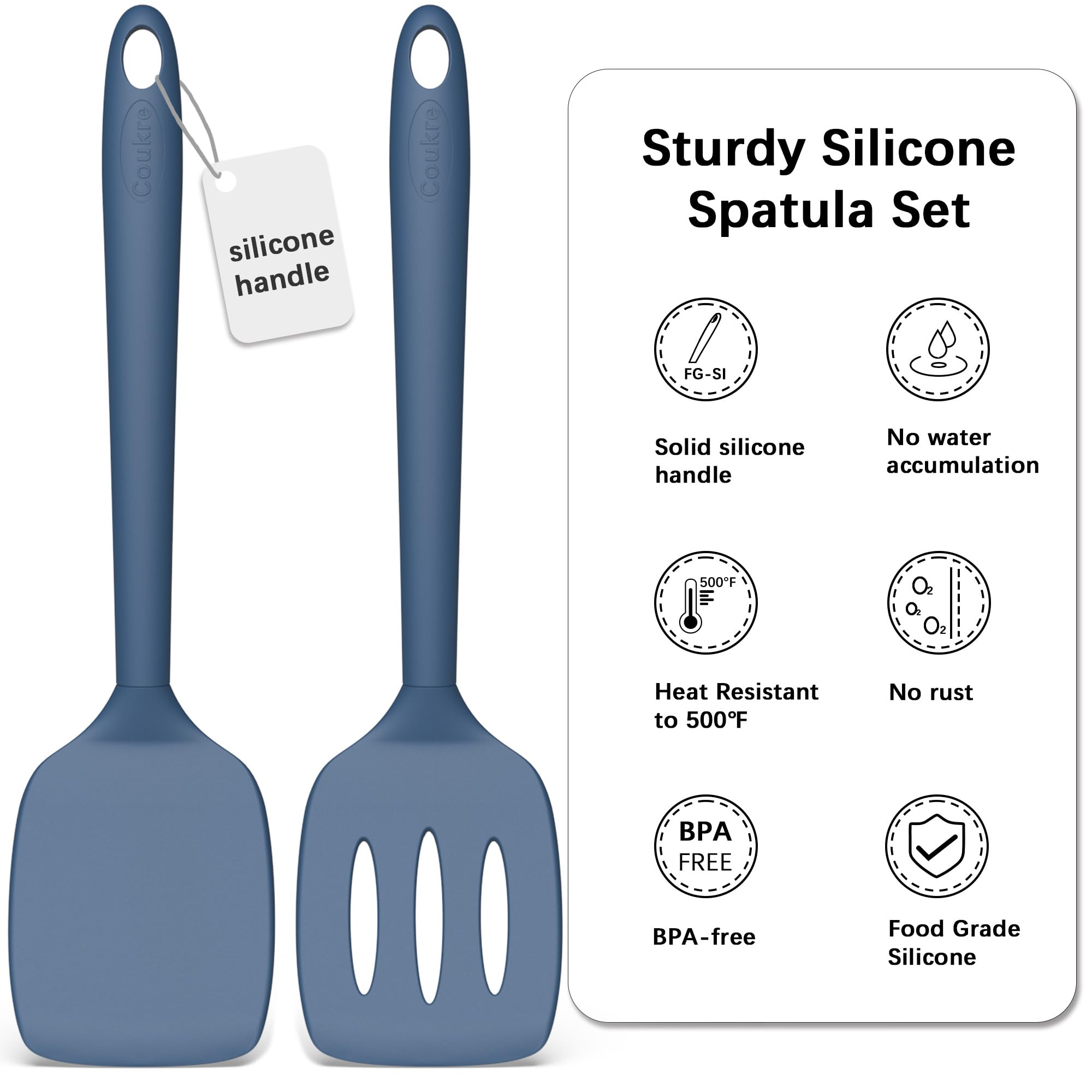 Juego de 2 espátulas de silicona, espátula de cocina resistente al calor, espátula sólida y ranurada para utensilios de cocina antiadherentes y cocina (2, azul oscuro)