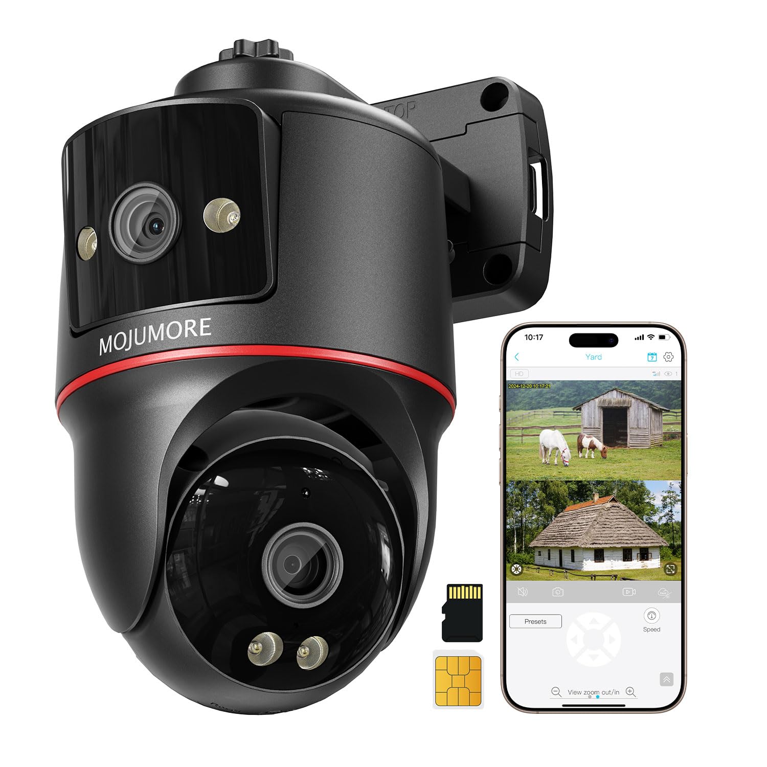 4G LTE Cellular Security Cameras, Dual Lens Security Camera, 2K No WiFi Security Camera Outdoor, Auto-Tracking/ Push Notification, 360° Live View, Color Night Vision, Built-in SIM Card/ 64GB SD Card