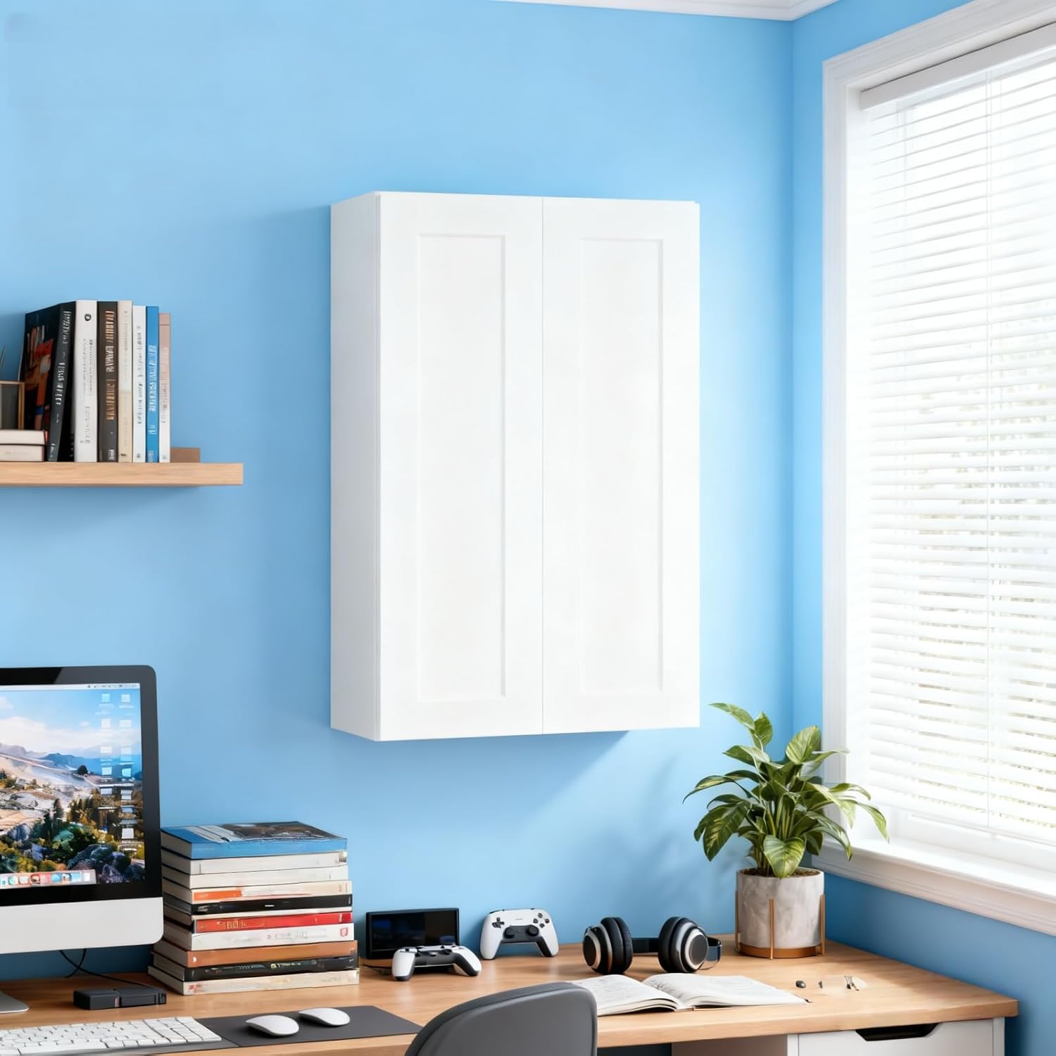 27 Inch White Shaker Double Door Wall Cabinet Solid Wood with 3 Adjustable Shelves Ready to Assemble for Kitchen,Bathroom,Laundry and Garage Storage(27" W×12" D×42" H)