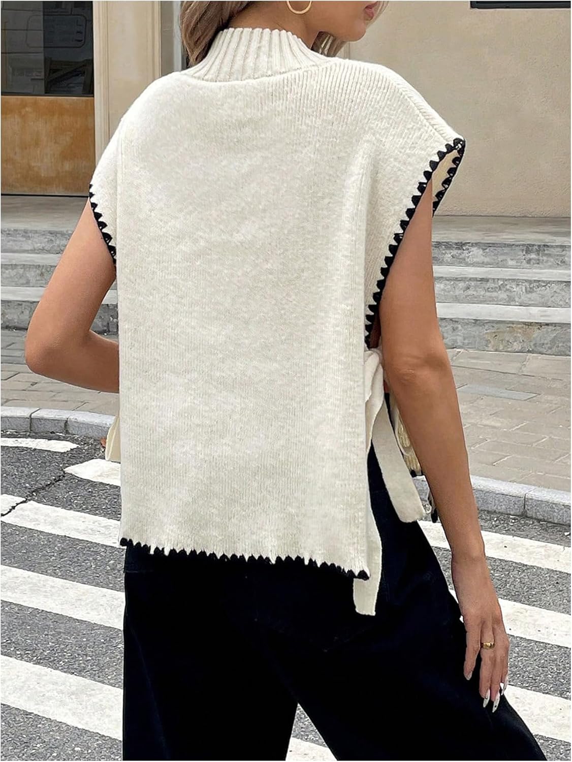 Verdusa Women's Old Money Sweater Tie Knot Slit Sweater Vest Mock Neck Cap Sleeve Lightweight Knit Tops - Image 2