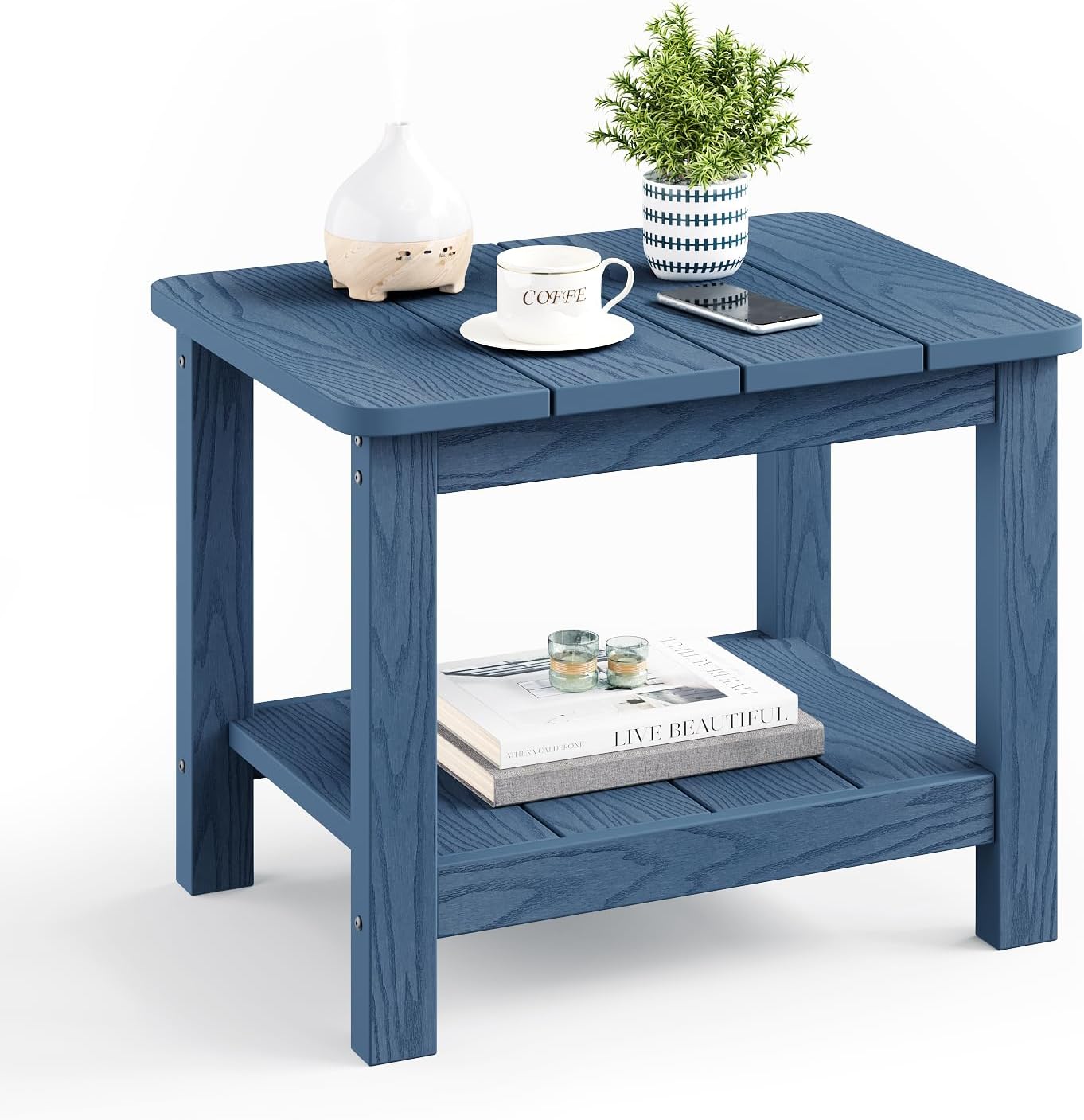 18" Outdoor Side Table, 2-Tier Patio Side Table, Weather Resistant, Easy Assembled, HIPS Adirondack Side Table for Backyard, Pool, Indoor, Teak