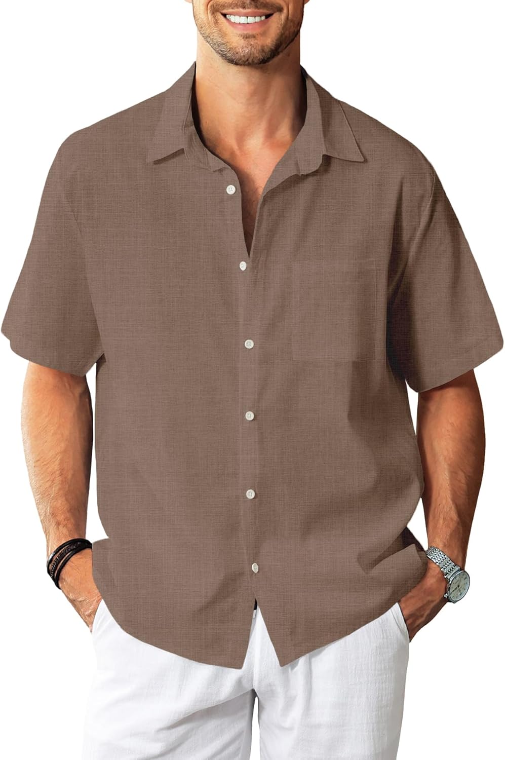 KYKU Men's Cotton Linen Shirts Casual Men Short Sleeve Button Down Beach Wedding Summer Shirts, Relaxed Fit, with Pocket