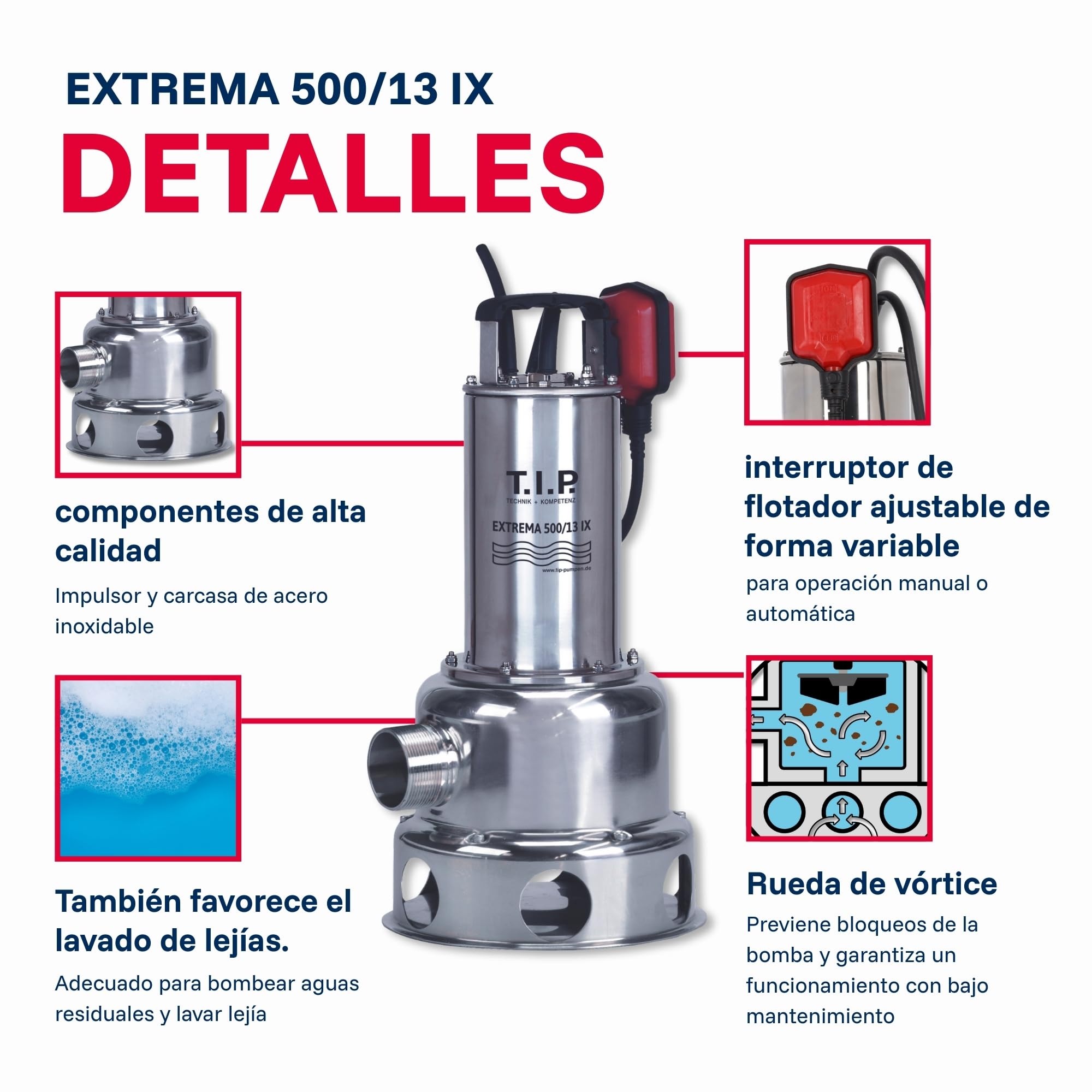 T.I.P. 30171 Bomba sumergible para aguas residuales Extrema 500/13 PRO de acero inoxidable, caudal de hasta 30 000 l/h
