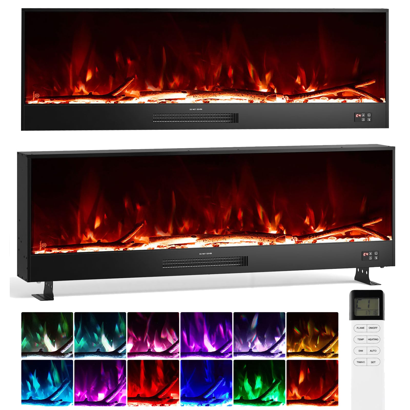 INMOZATA 117CM Electric Fire Wall Mounted/Recessed/Free Standing Electric Fireplace with Large LED Flame Effect Display, 12 Flame Colors, Dimmer, Adjustable Temperature, 750W&1500W, Crystal & Log Set