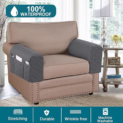 Miniatura 9 de Fundas impermeables para reposabrazos para sillas reclinables y sofás, fundas antideslizantes con bolsillo lateral, protector de brazo para