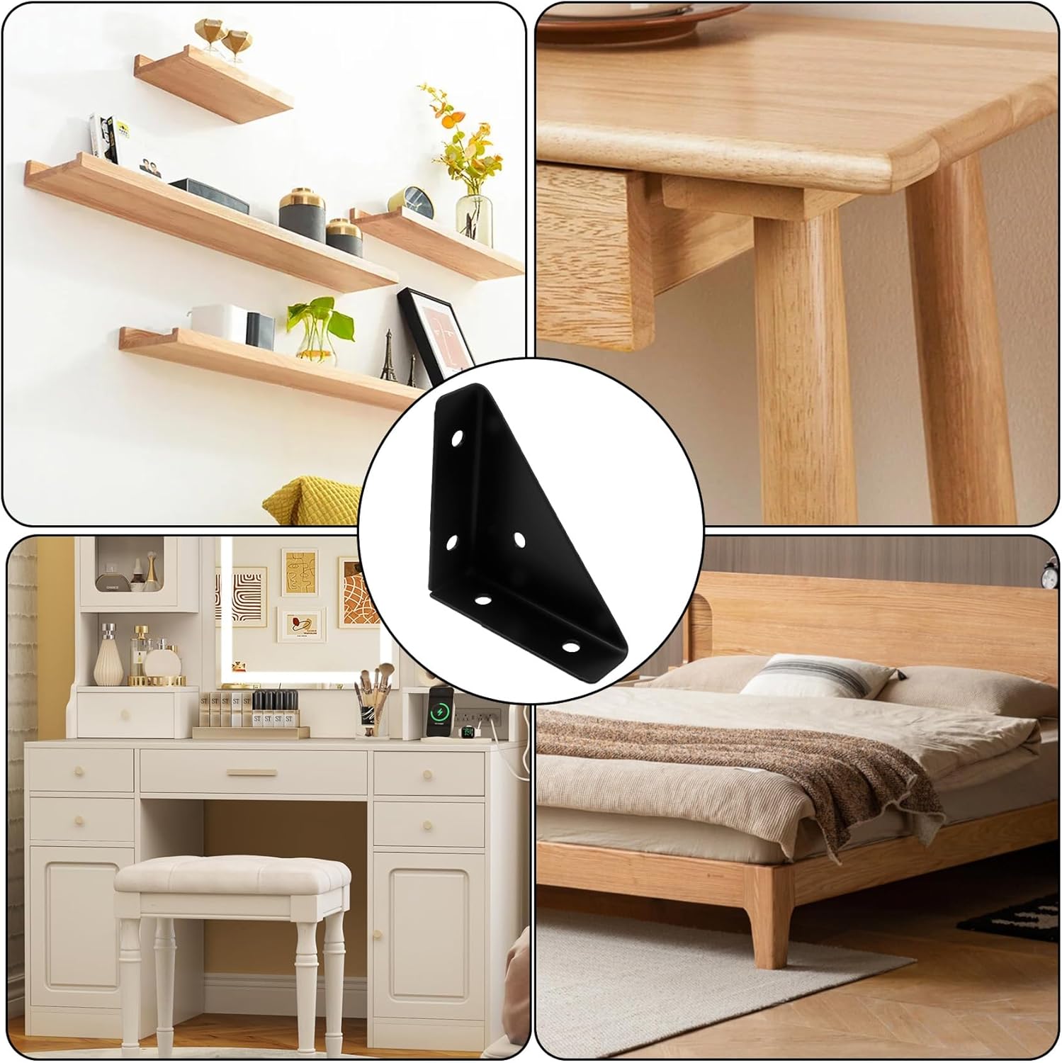 Dnyta 90 Degree Bracket Heavy Duty, 4 Pack Triangle Shelf Brackets Metal Wall Mounted Support Corner Bracket L Brackets for Shelves Wood Cabinets-Black
