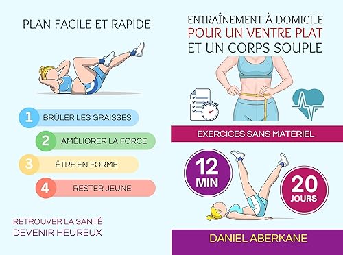 Entraînement à domicile pour un ventre plat et un corps souple: exercices sans matériel (12 min, 20 jours), plan facile et rapide, retrouver la santé, devenir heureux (French Edition)