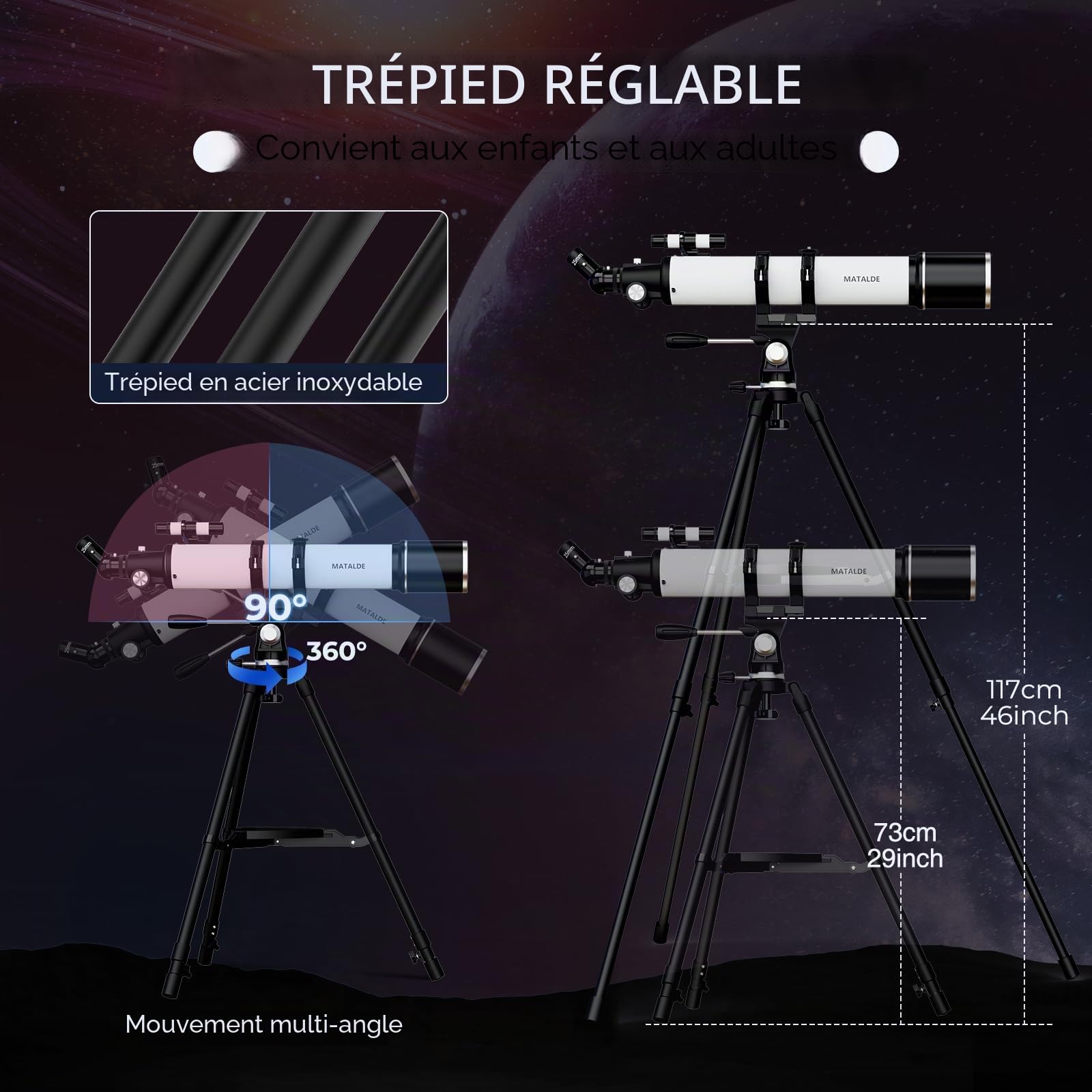 Télescope réfracteur de 800 mm de focale et d'ouverture de 90 mm, idéal pour débutants et Adultes. Grossissement de 32x à 240x. Lentille de Barlow 3X et Adaptateur pour téléphone Inclus (Blanc)