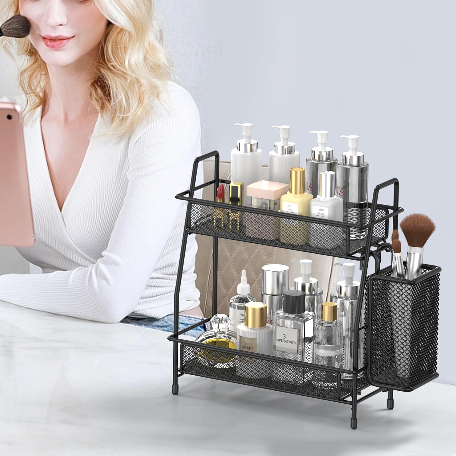 LEMIKKLE Organizer Bagno e Cucina, 2 Livelli Portaspezie, Portaoggetti per Profumi e Make Up (Nero)