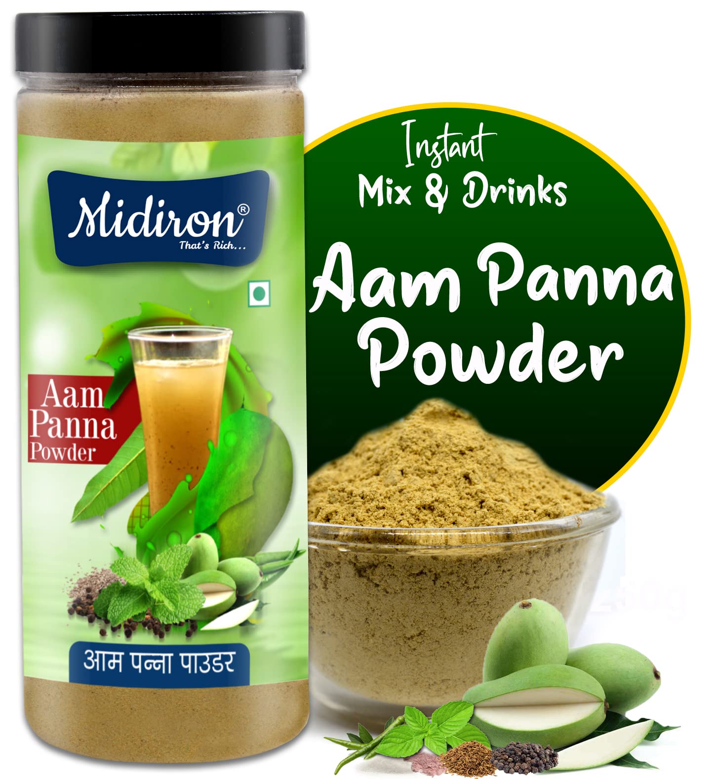 Midiron Instant Aam Panna Drinks Powders Tangy & Sweet Taste Instant Mango Powder Drink Anytime | aam panna Summer Drinks| 250 gm