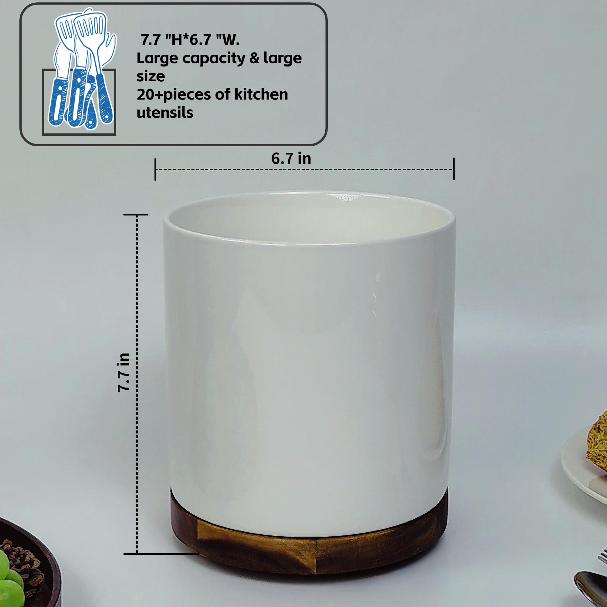 Soporte para utensilios de cocina de cerámica de gran capacidad, de madera de acacia, base giratoria, organizador multiusos
