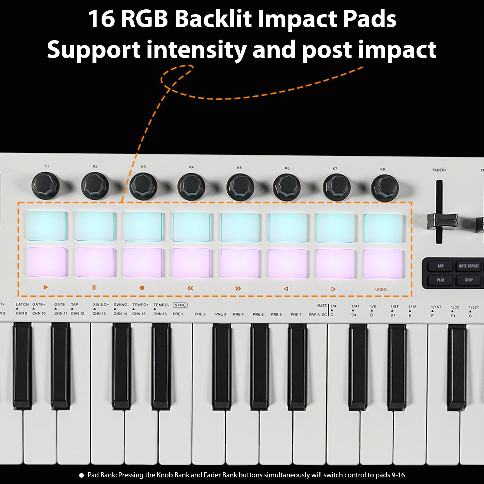 Btuty MIDI Controller 37 Tasten, MIDI Keyboard mit 16 RGB Drum Pads, 8 Reglern & 4 Fadern, BT MIDI, USB Musikproduktionscontroller für DAW, Windows, Mac, iOS & Android